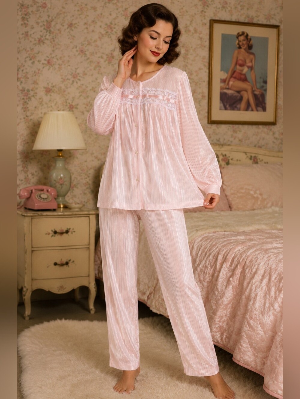 Vintage Women's Light Pink Sleep Pants & Top Sz S/M